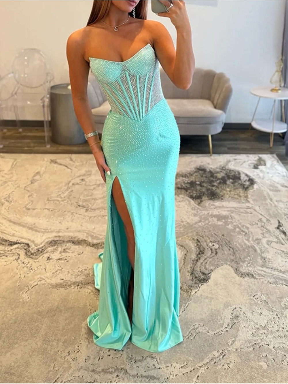 BNWT Strapless sequin Aqua Evening Gown with Side Slit
Size 2